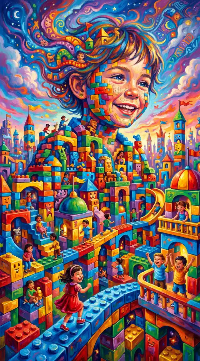Children Playing In A Fantasy City Of Colorful Blocks