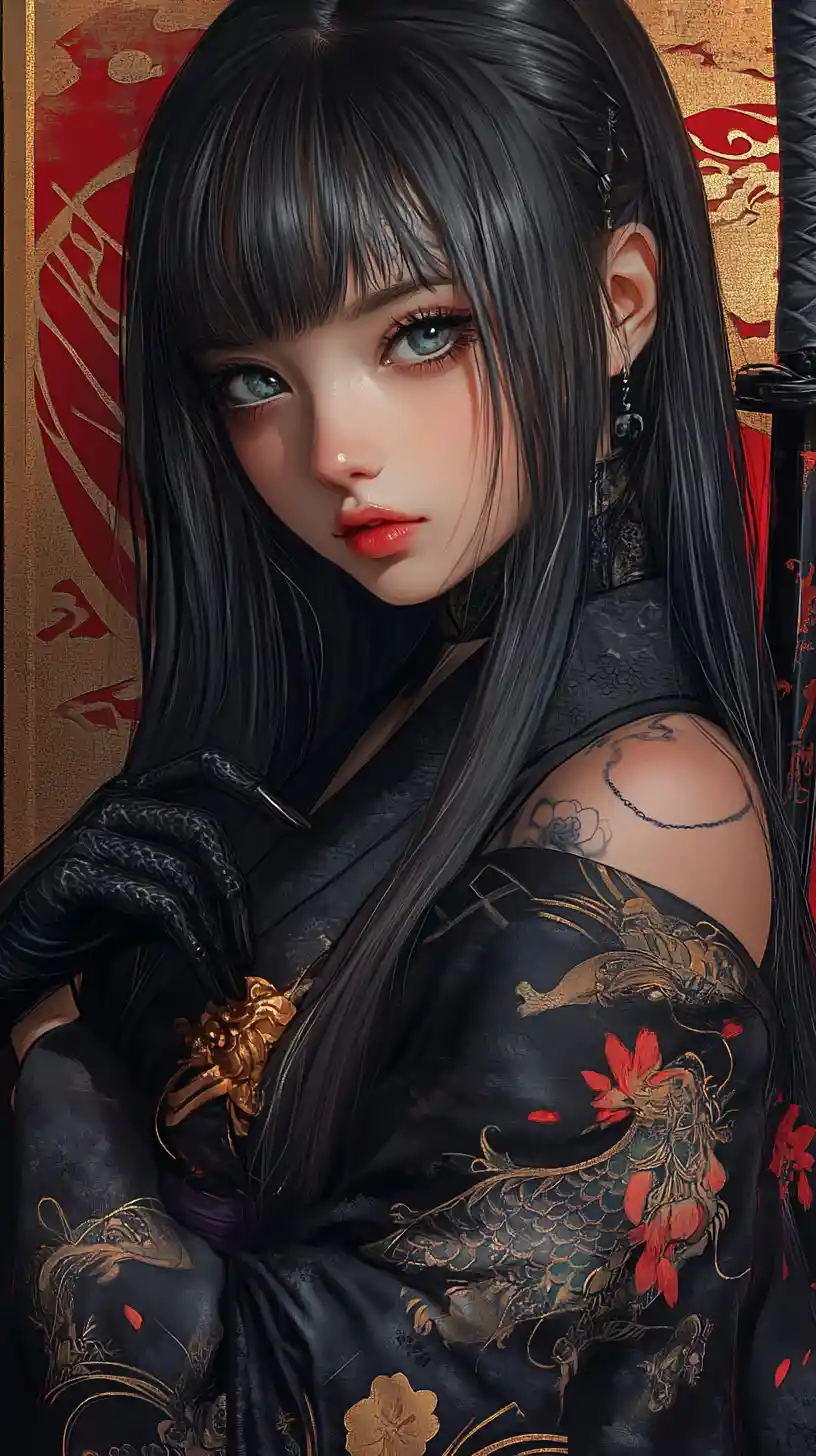 Tattooed anime girl in black kimono with katana
