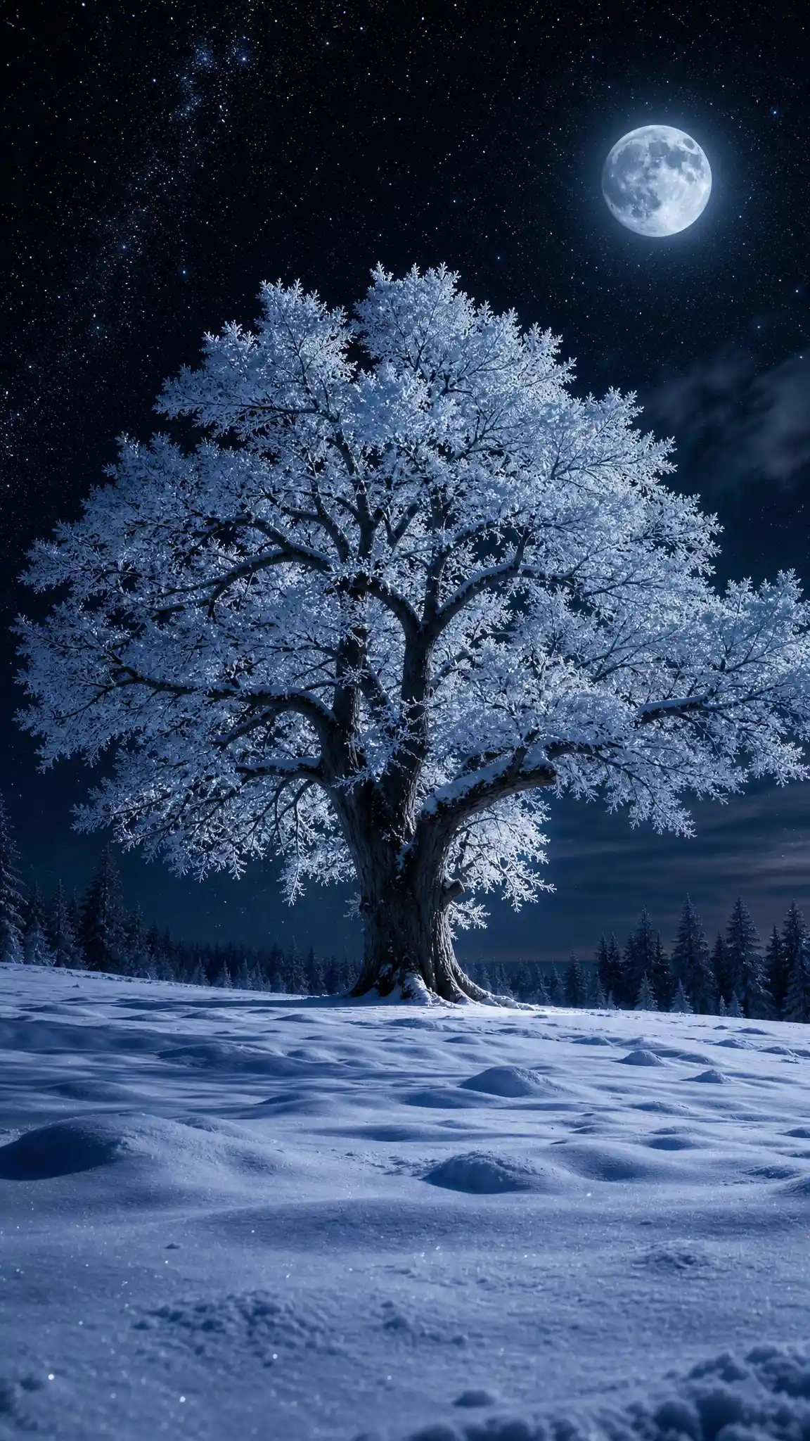 Majestic Lone Tree In Moonlit Winter Landscape