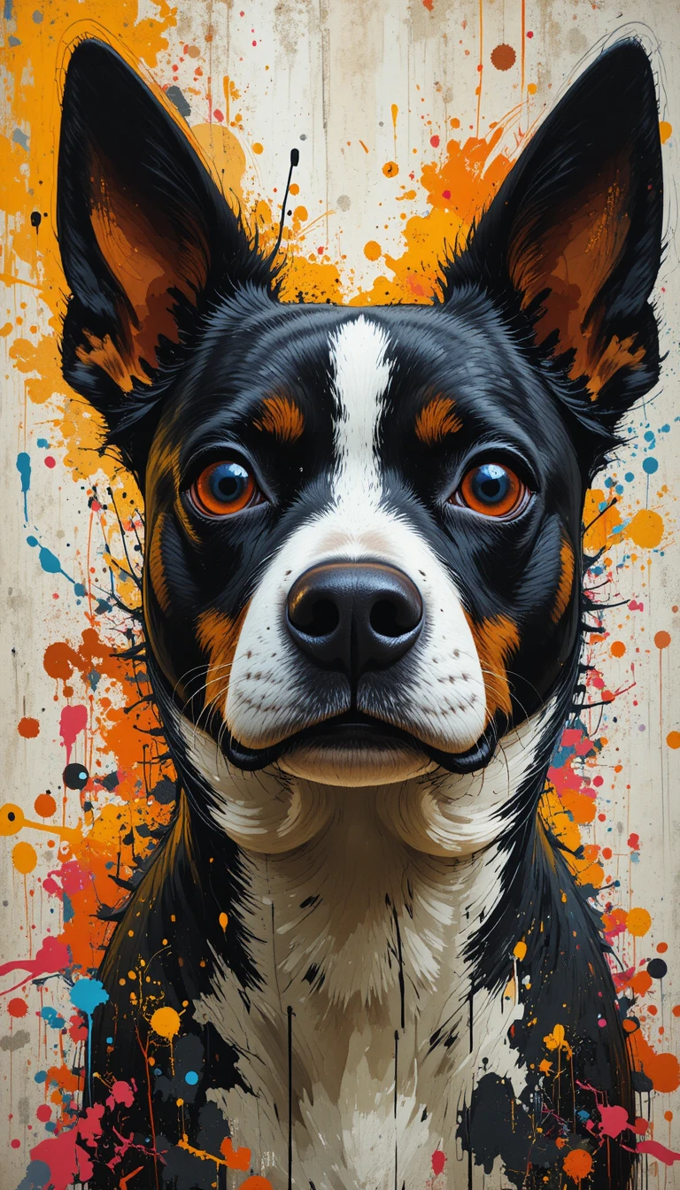 Colorful abstract close up portrait of a staring dog