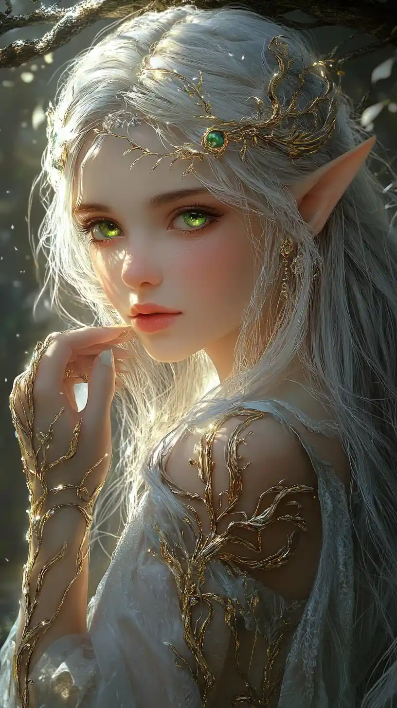 Elegant high elf woman in a glowing enchanted forest