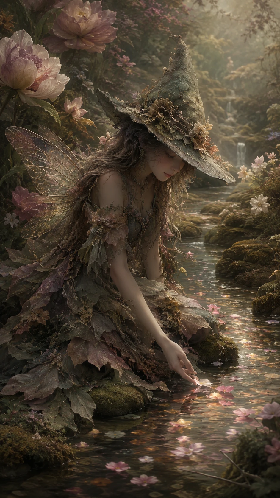 Young fairy by a glowing stream in flower garden