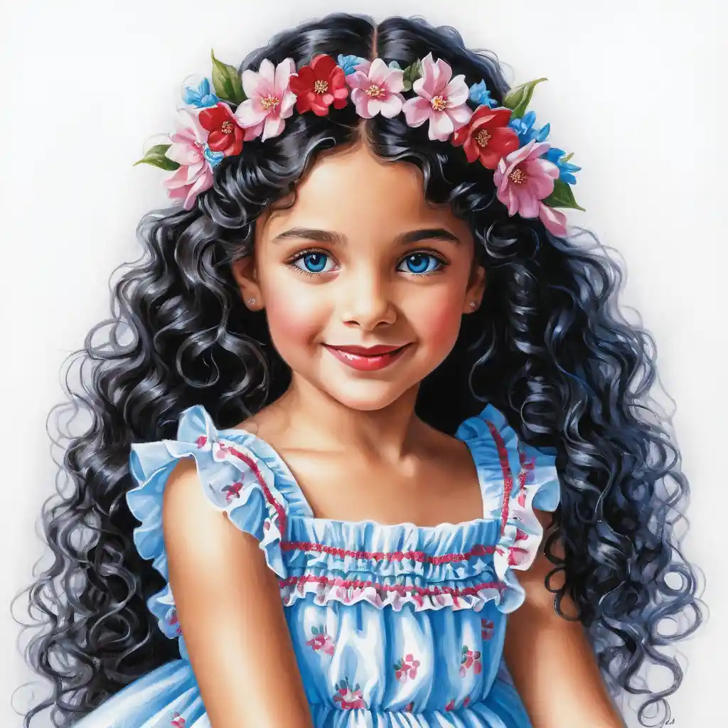Smiling curly haired girl in white and pink summer dress