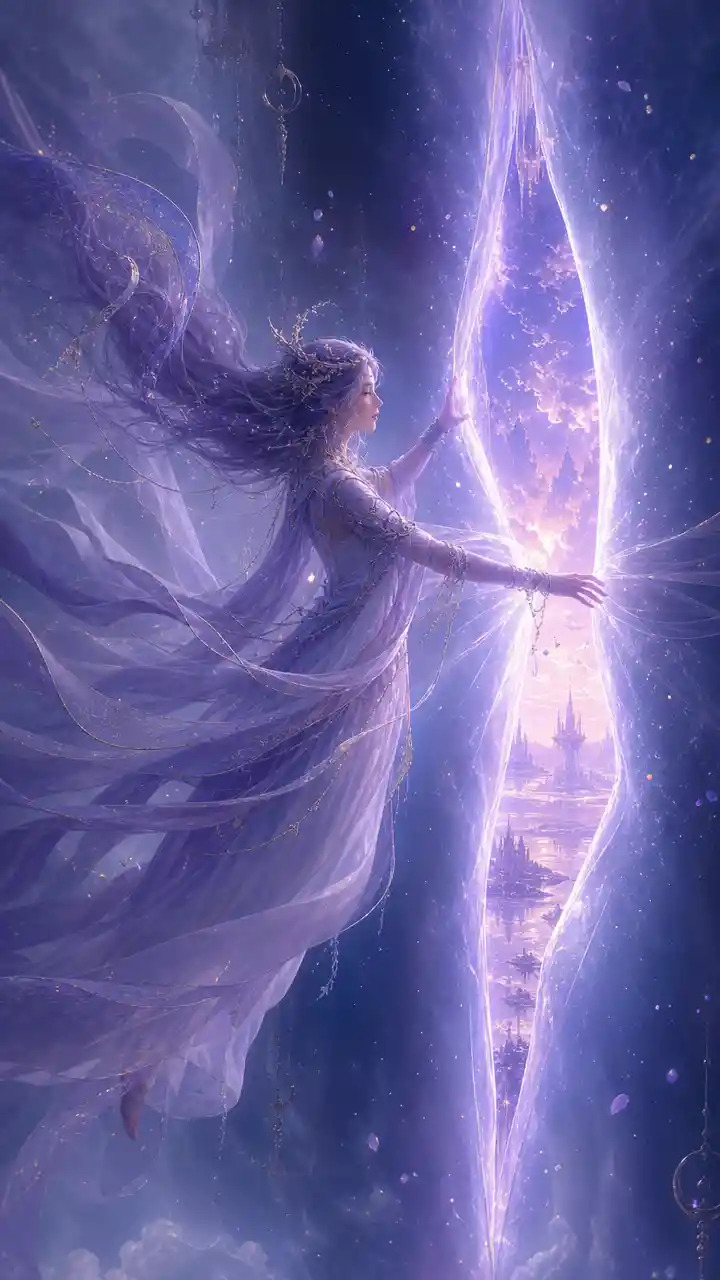 Floating mage opening a glowing vertical rift in calm light