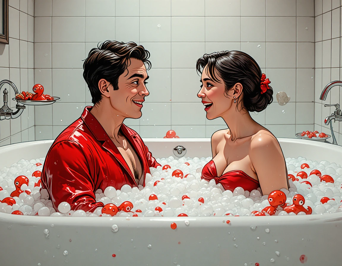 Homme en peignoir rouge discutant dans une baignoire remplie de mousse