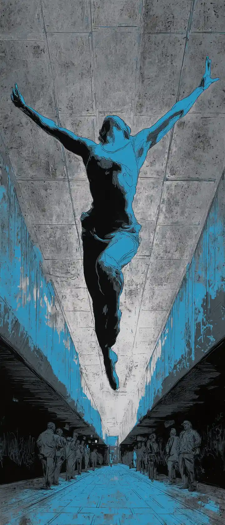 Anime woman leaping between moving subway trains in stencil style
