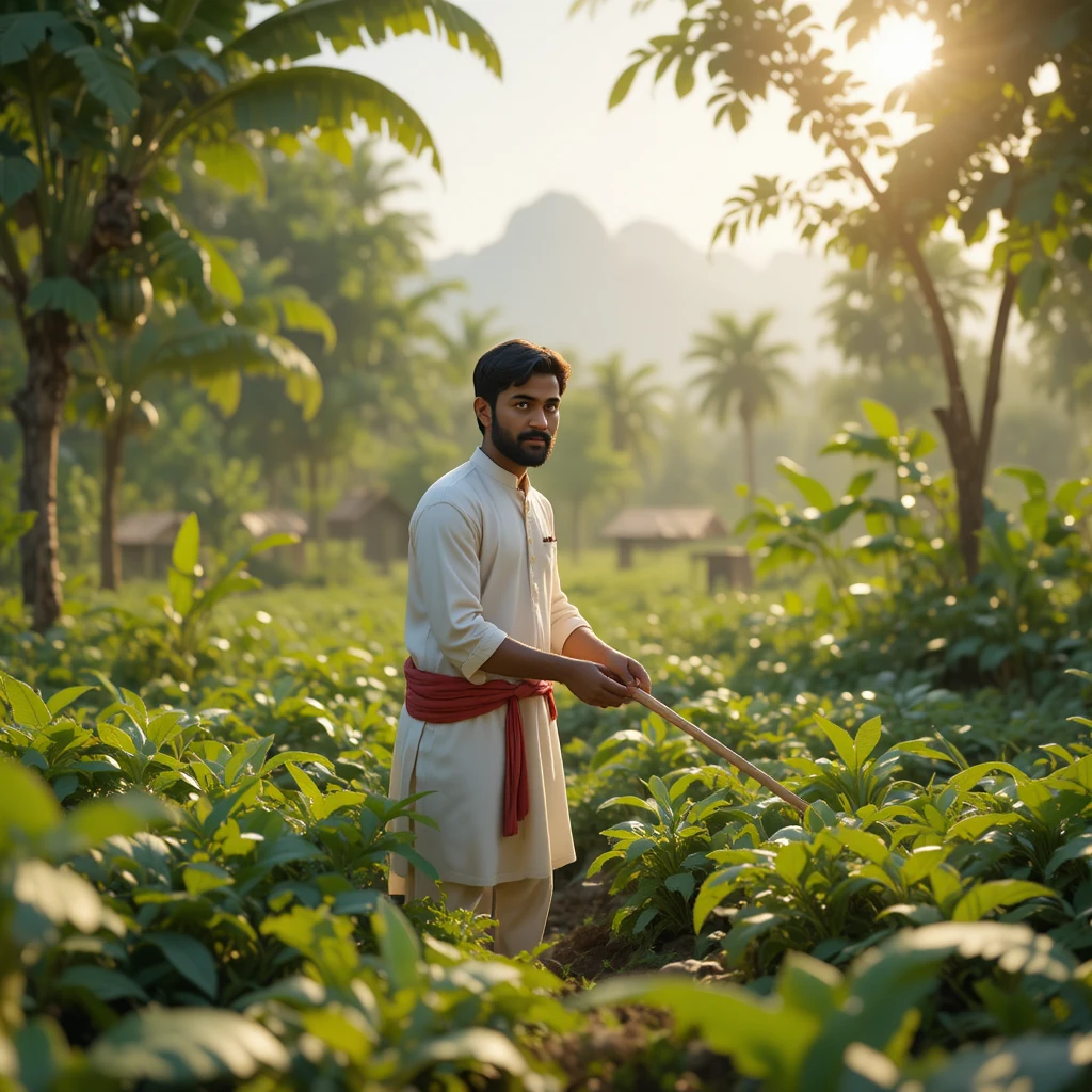 Indian farmer in lush green village field at sunrise