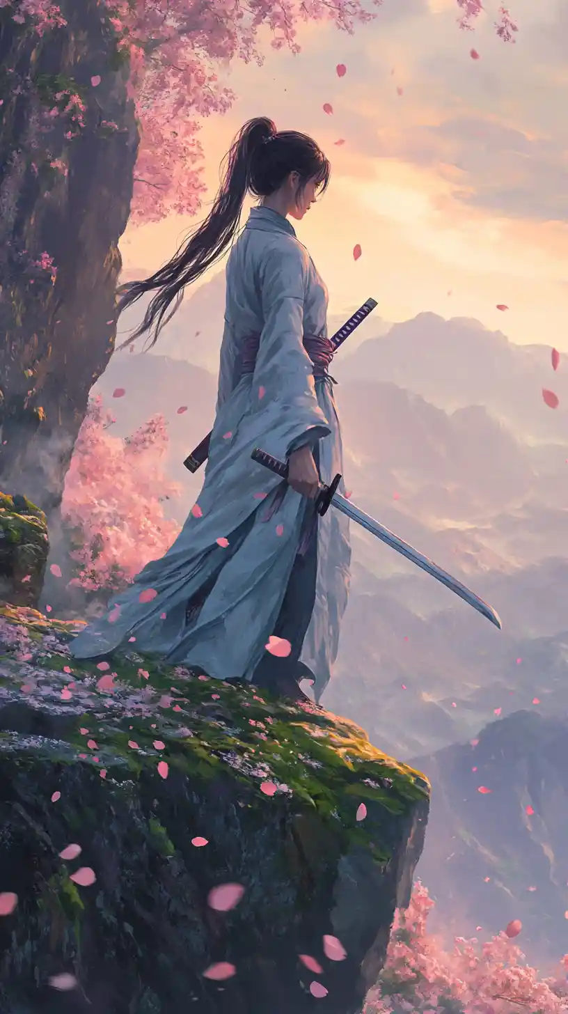 Lone warrior woman on cliff at sunset among blossoms
