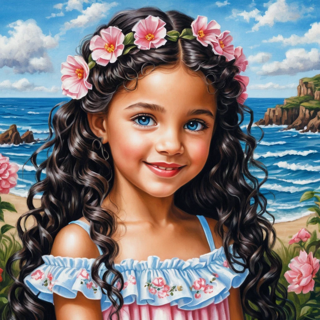 Smiling girl with long curly hair in a floral dress