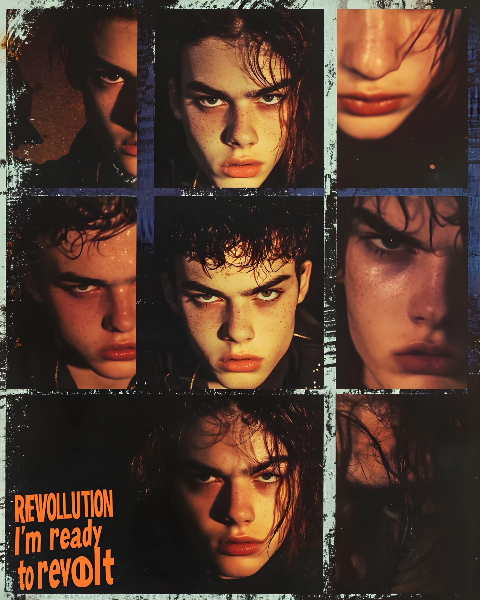 Collage cinematográfico de una chica rebelde en retrato con flash