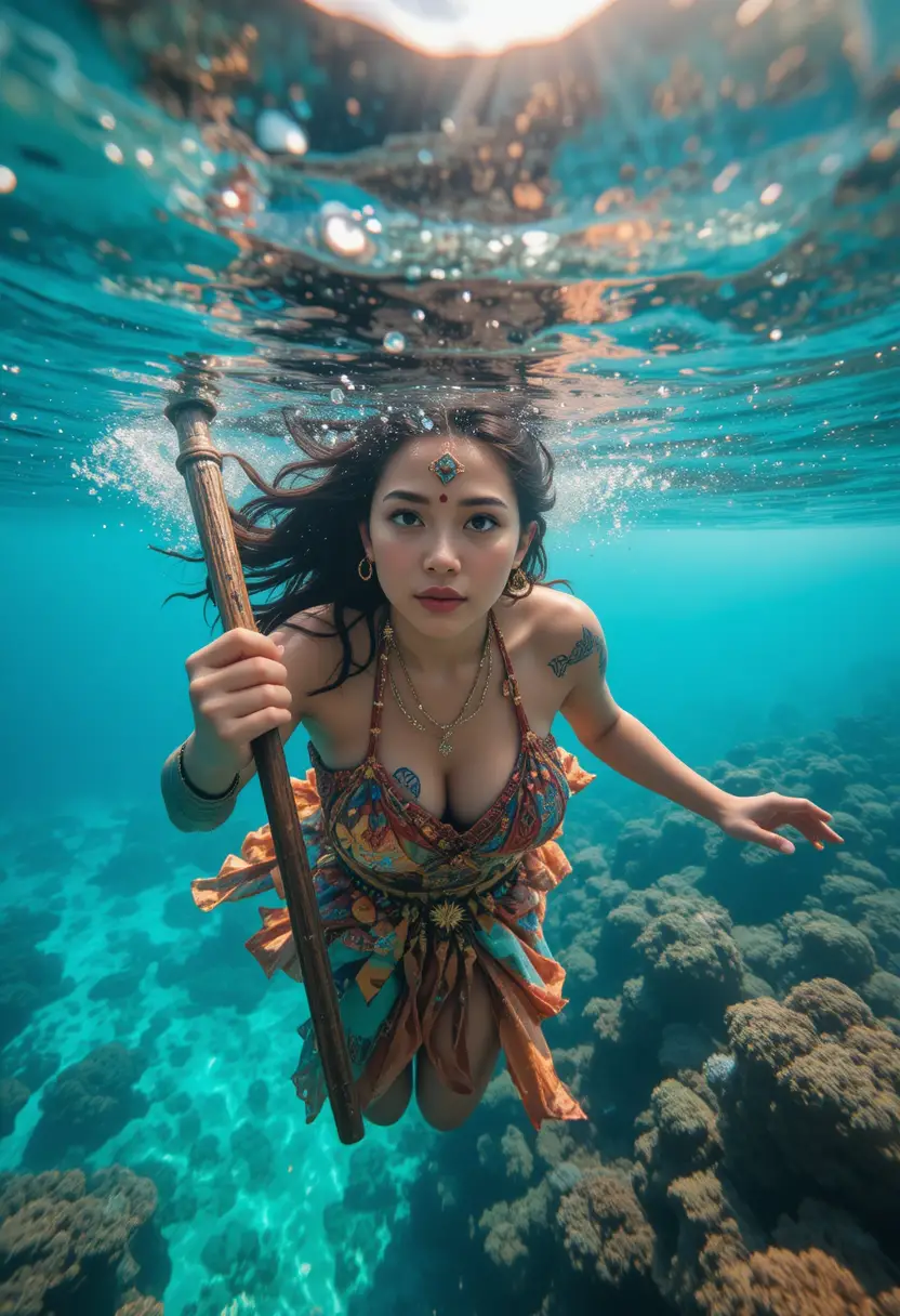 Mujer polinesia nadando sobre un vibrante arrecife de coral