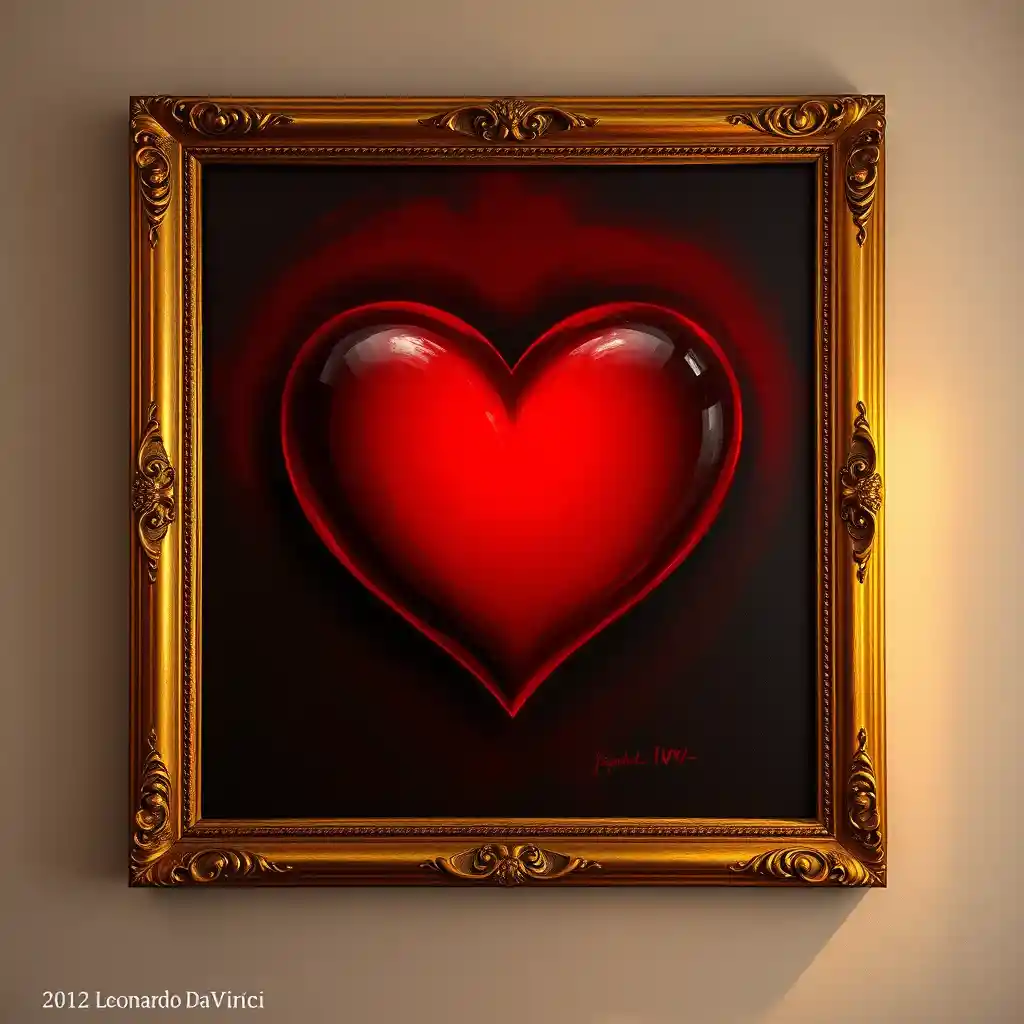 Classic red heart painting in a gold framed canvas