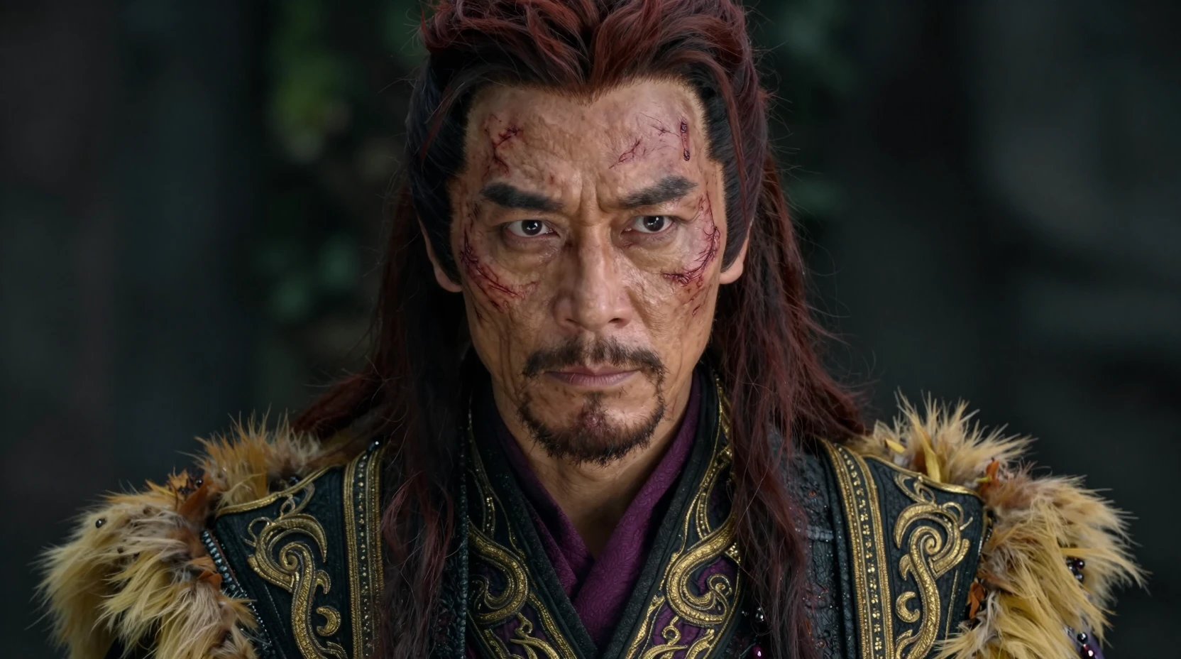 Scarred Chinese strategist in dramatic cinematic close up