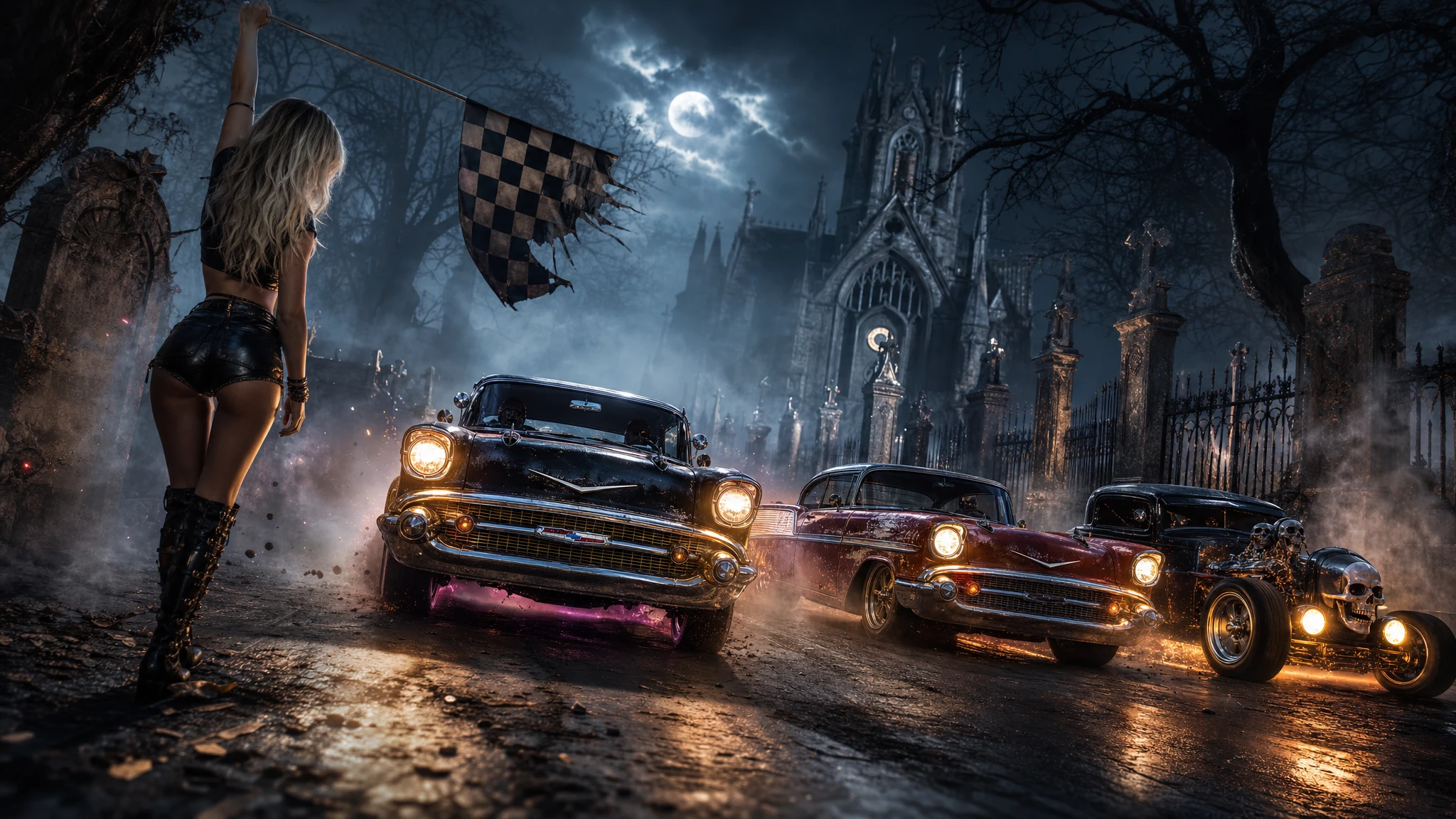Night drag race between classic cars in a foggy cemetery