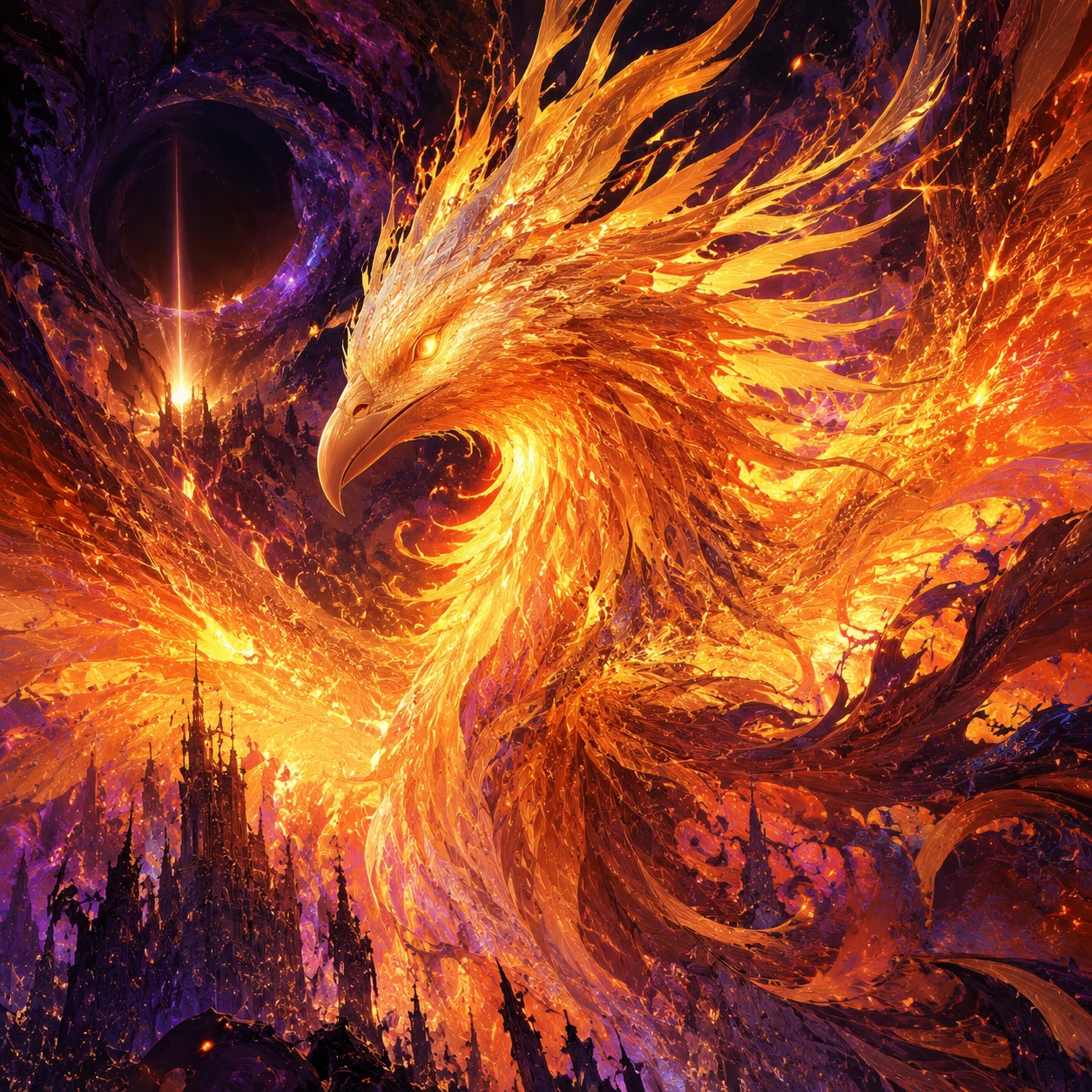 Radiant phoenix rising from a shattered obsidian city