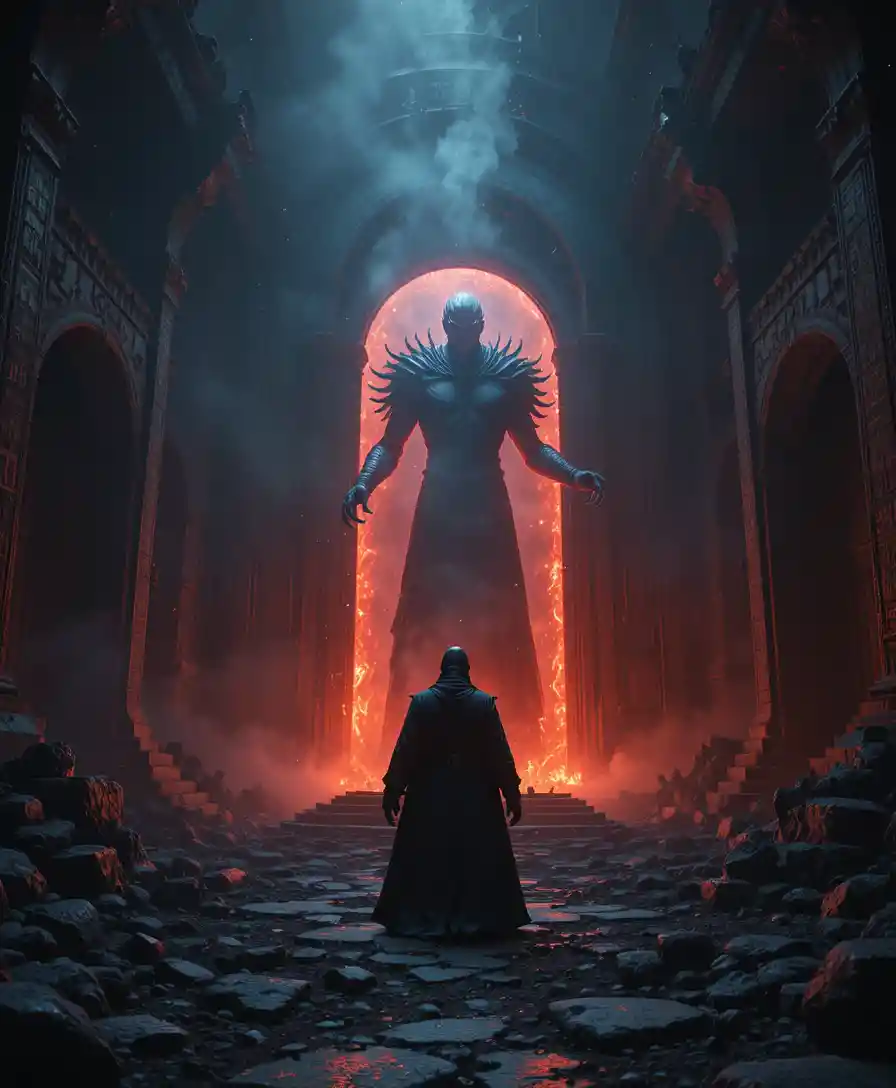 Dark sorcerer summoning a demon in a ruined temple