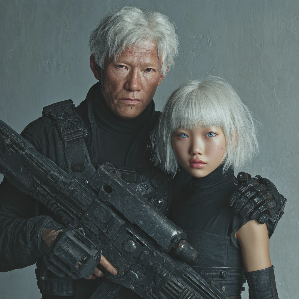 Femme asiatique avec arme futuriste dans une chambre d’énergie lumineuse