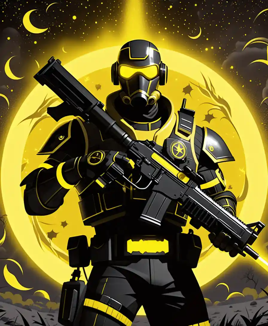 Armored sci fi warrior with grenade launcher in yellow void