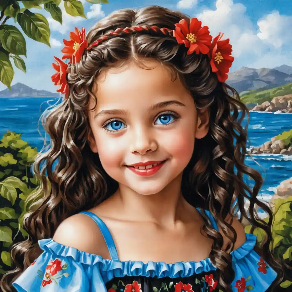 Smiling curly haired girl in blue floral summer dress