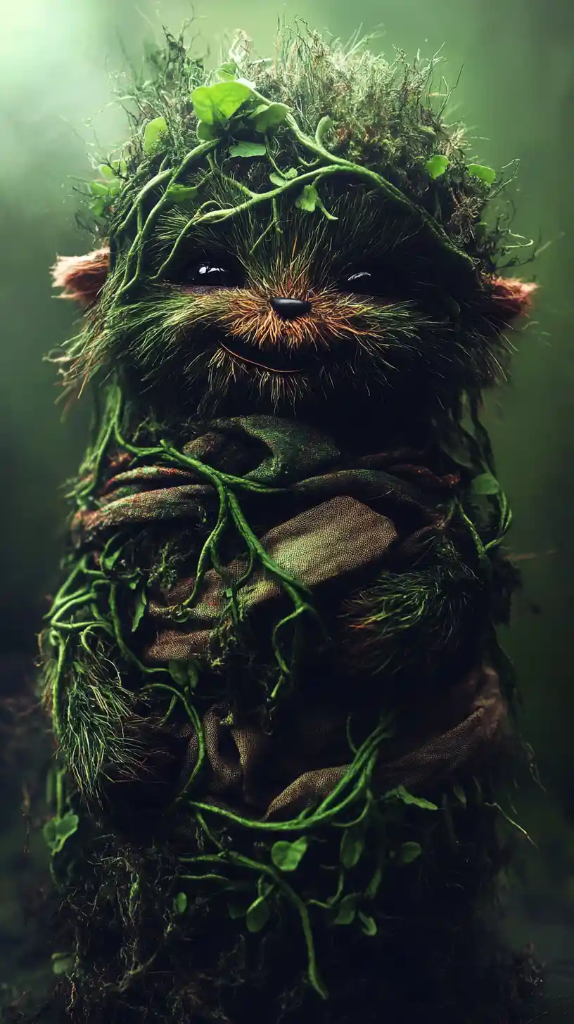 Playful jungle creature in layered organic fabric outfit
