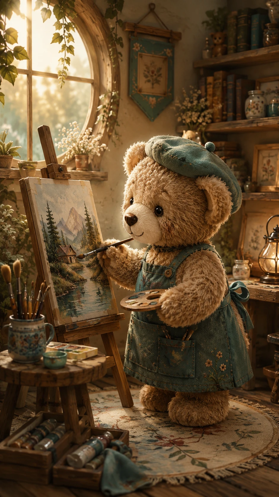 Tableau douillet d’un ours en peluche sur un petit chevalet