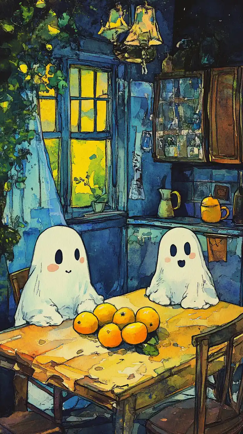 Cute chibi ghosts playing with citrus on a kitchen table