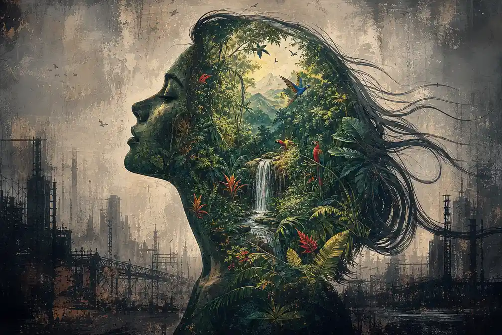 Double exposure girl profile with city and tropical forest