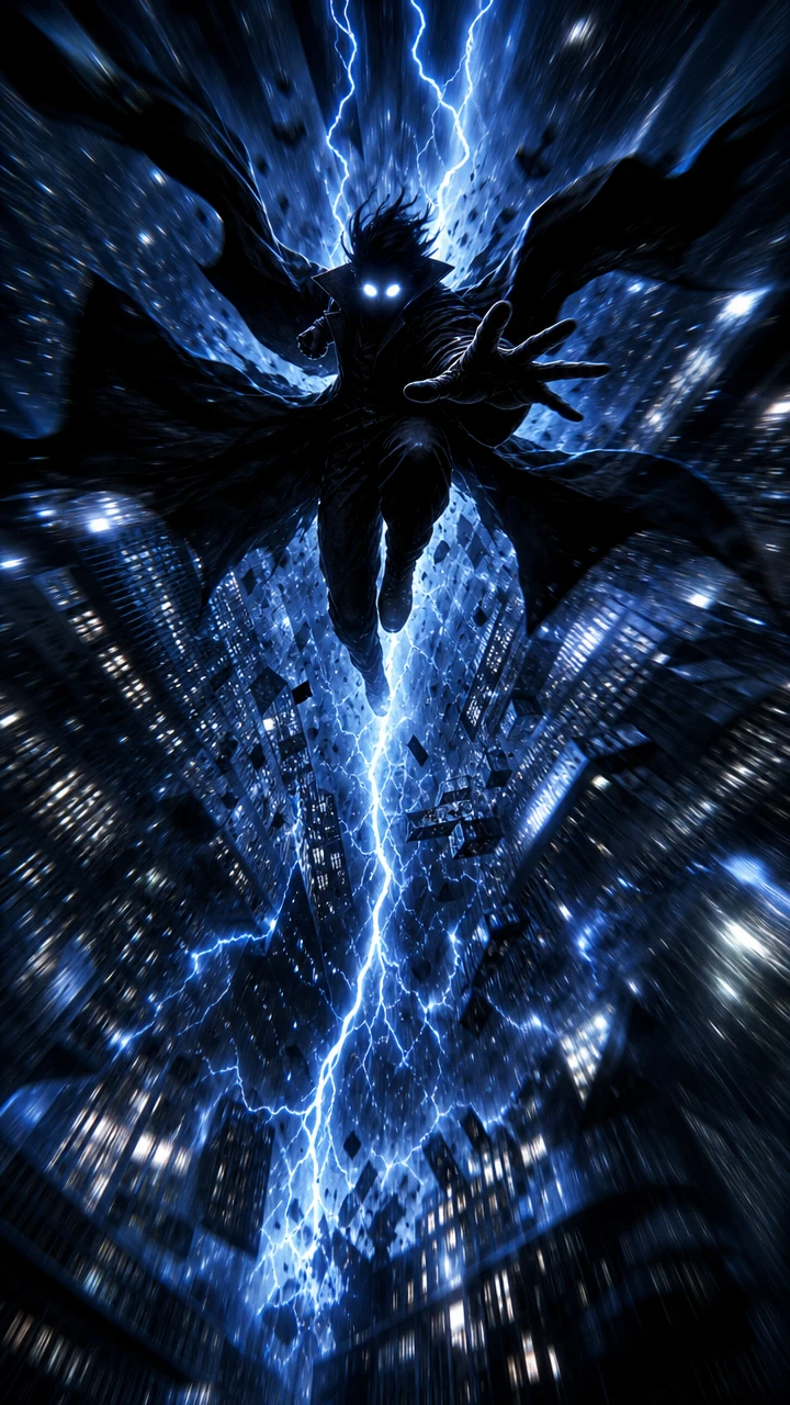 Falling superhero with glowing eyes over warped cityscape