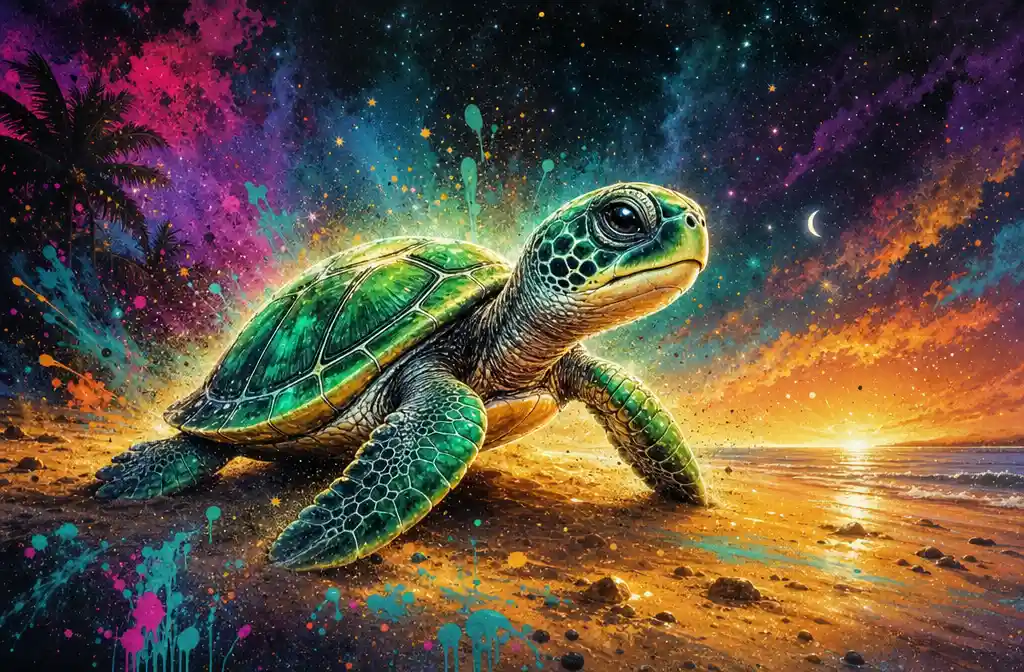 Cute green sea turtle hatchling on glowing sandy beach