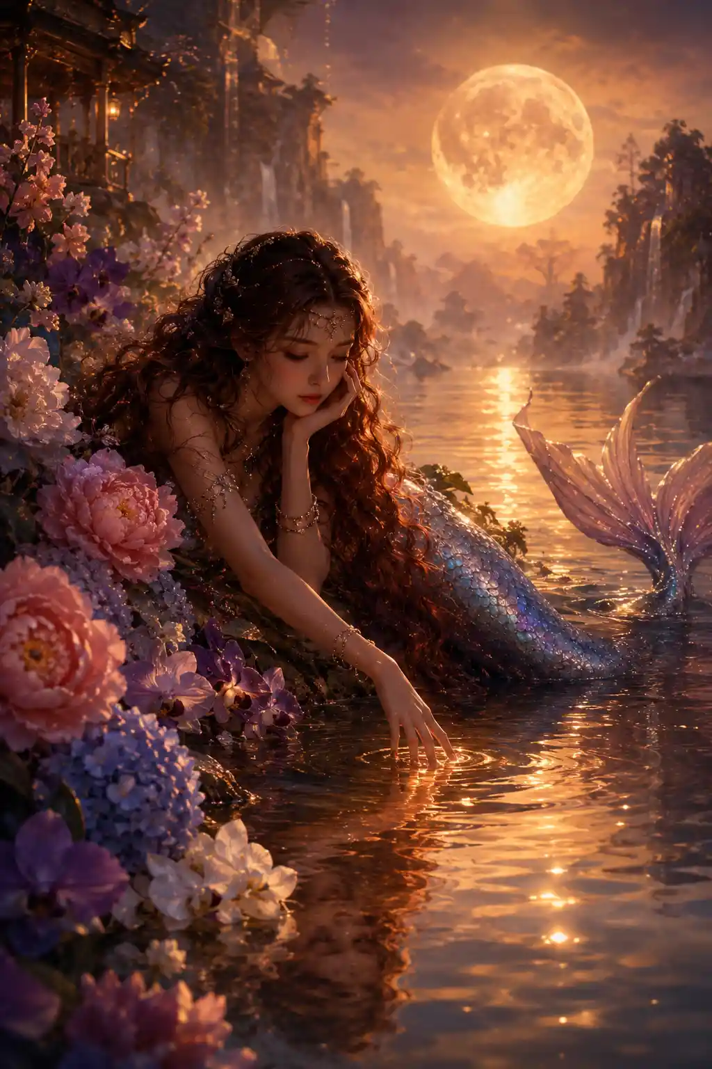 Mystical mermaid resting by a foggy moonlit lakeshore