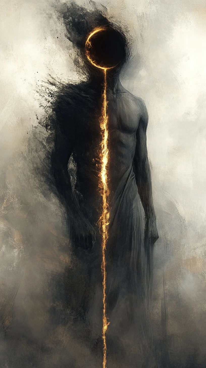Ghostly warrior split by shadow and burning light