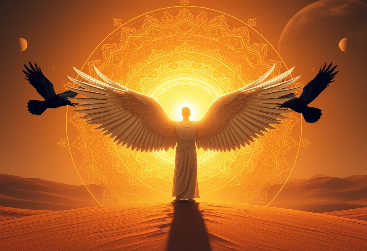 Winged figure of Goethe glowing in desert mandala light