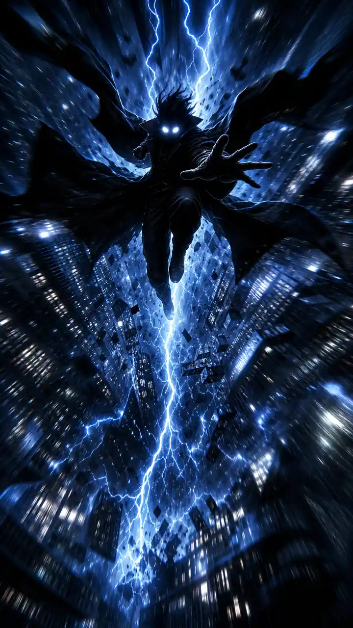 Falling superhero with glowing eyes over warped cityscape