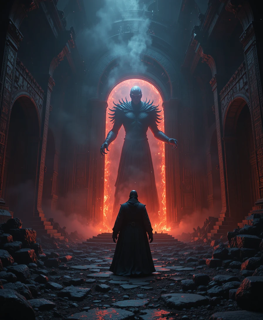 Dark sorcerer summoning a demon in a ruined temple