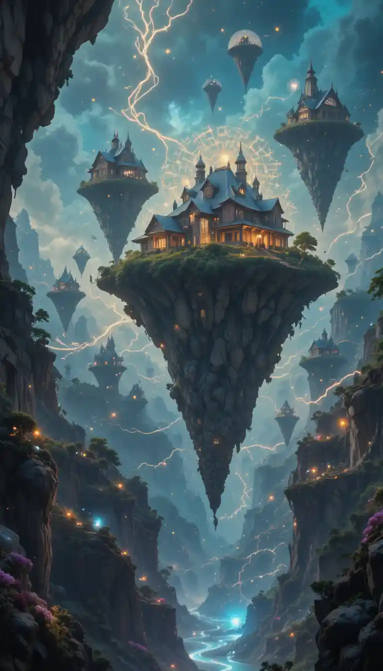 Floating islands with glowing paths in a surreal fantasy world