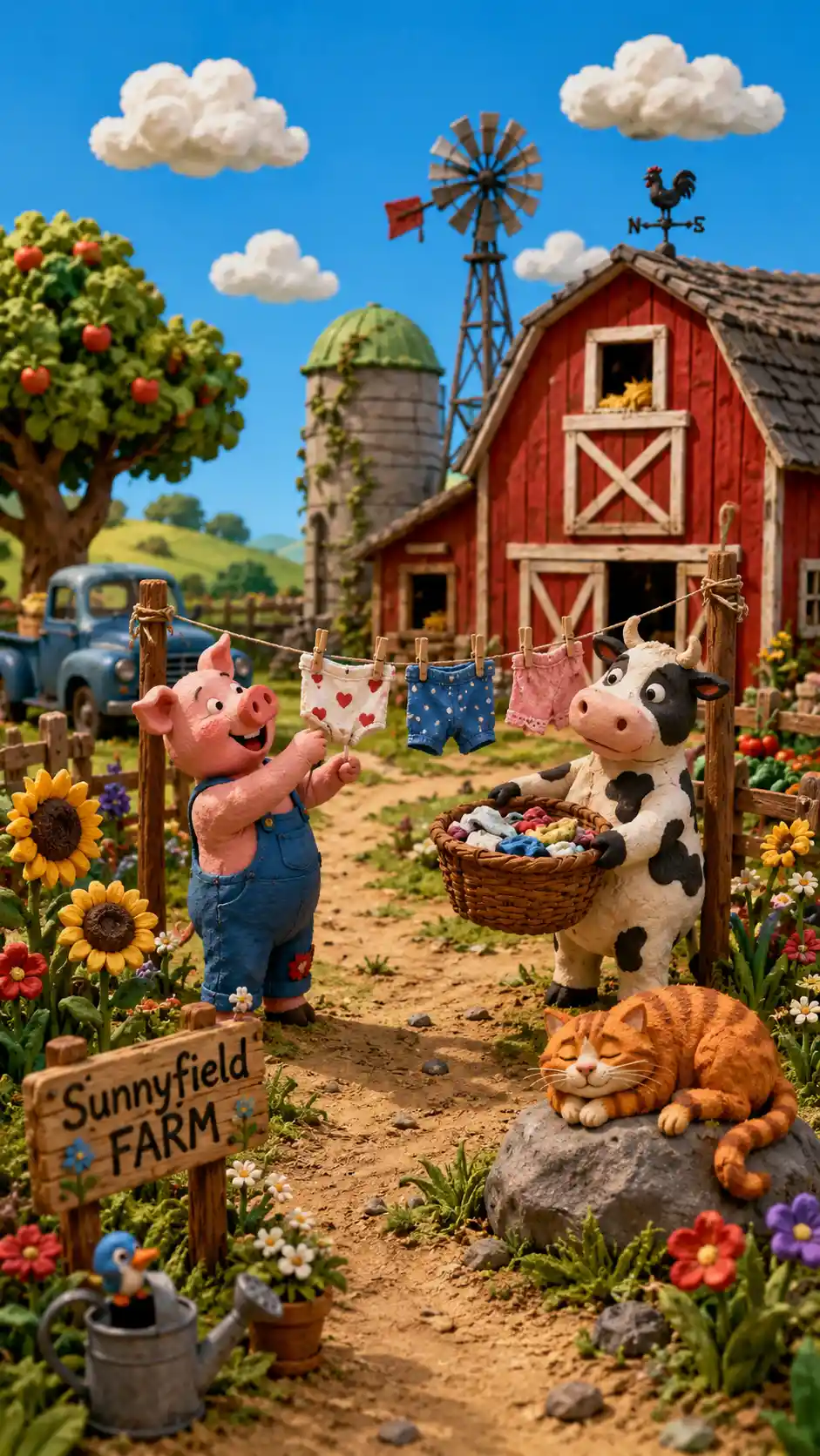 Joyful clay pig hanging laundry on a sunny farm