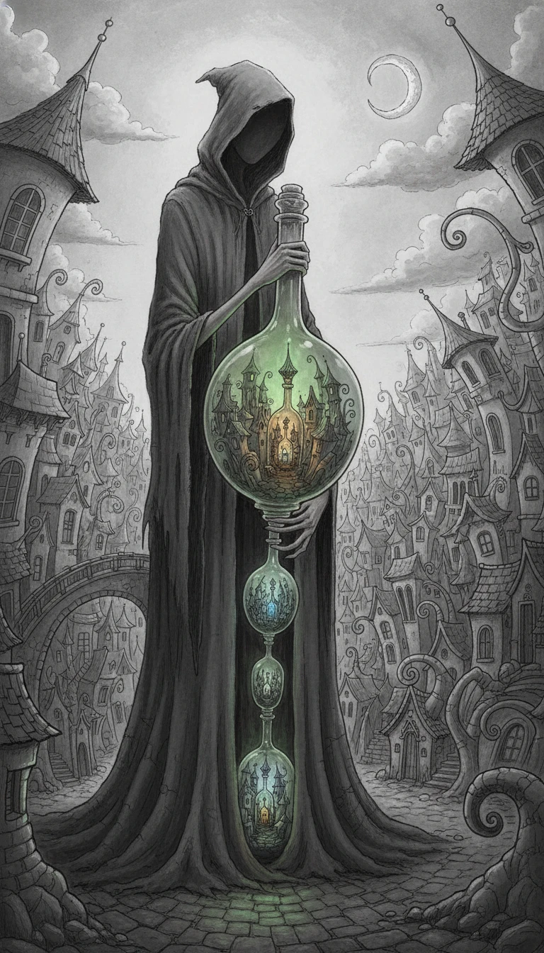 Figure Holding A Recursive Crooked City In A Glass Bottle