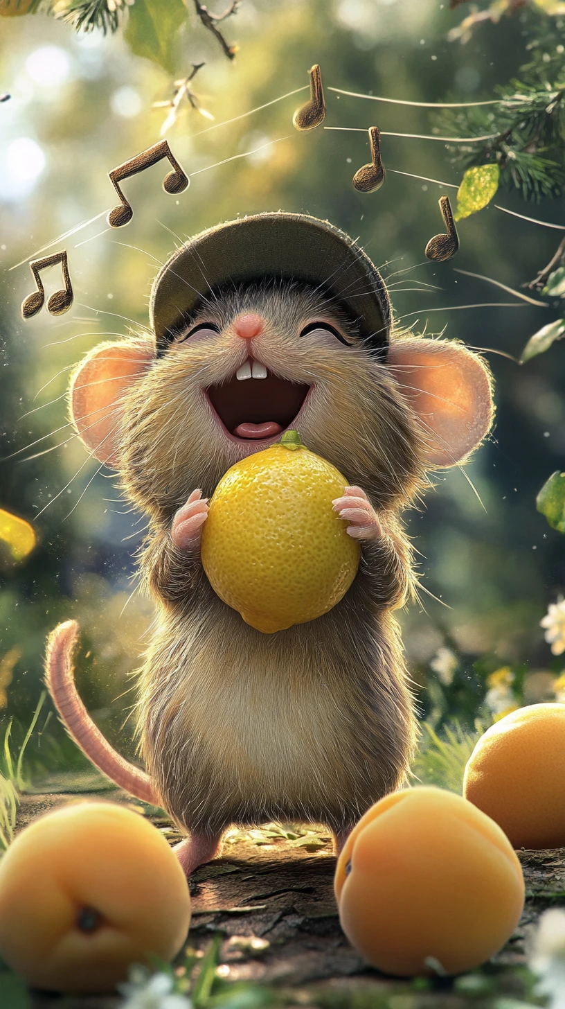 Cheerful mini mouse singing with fruit in a spring forest