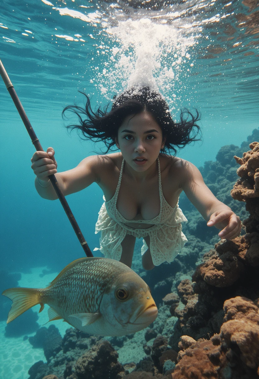 Tahitian woman freediving underwater with spear near coral reef