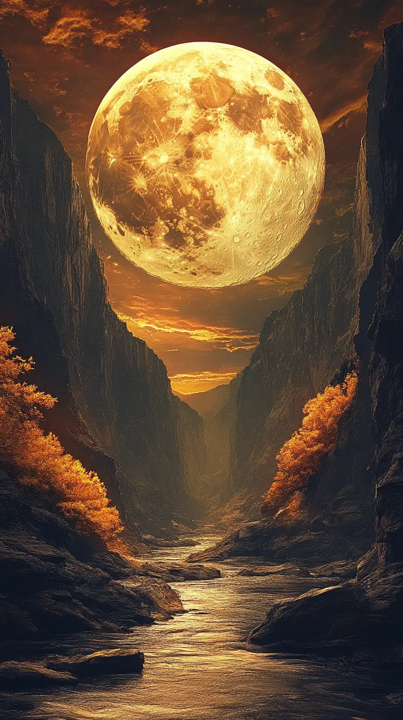 Goldener Vollmond über einer schmalen Flussschlucht in der Nacht