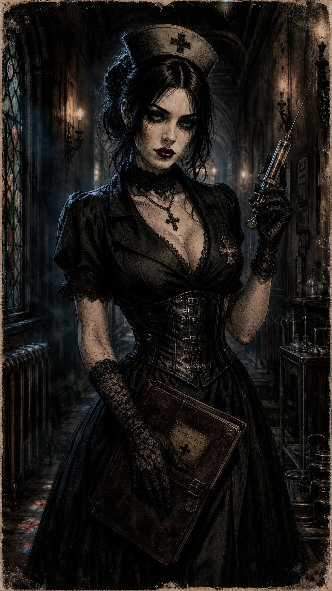Gothic nurse portrait in a dark Victorian hospital corridor