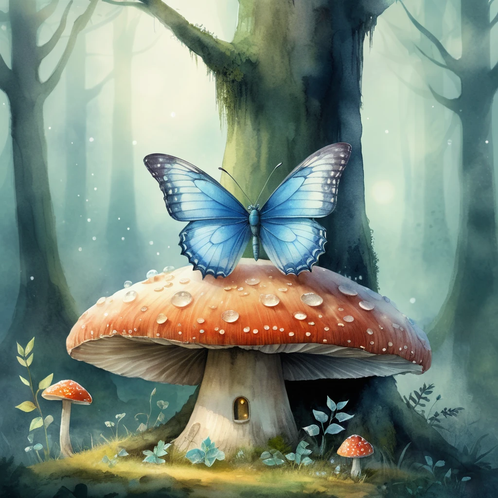 Butterfly Resting On Dewy Mushroom In Enchanted Forest