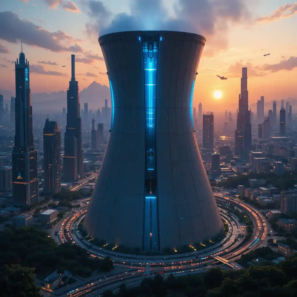 Futuristic nuclear power plant in a glowing utopian city