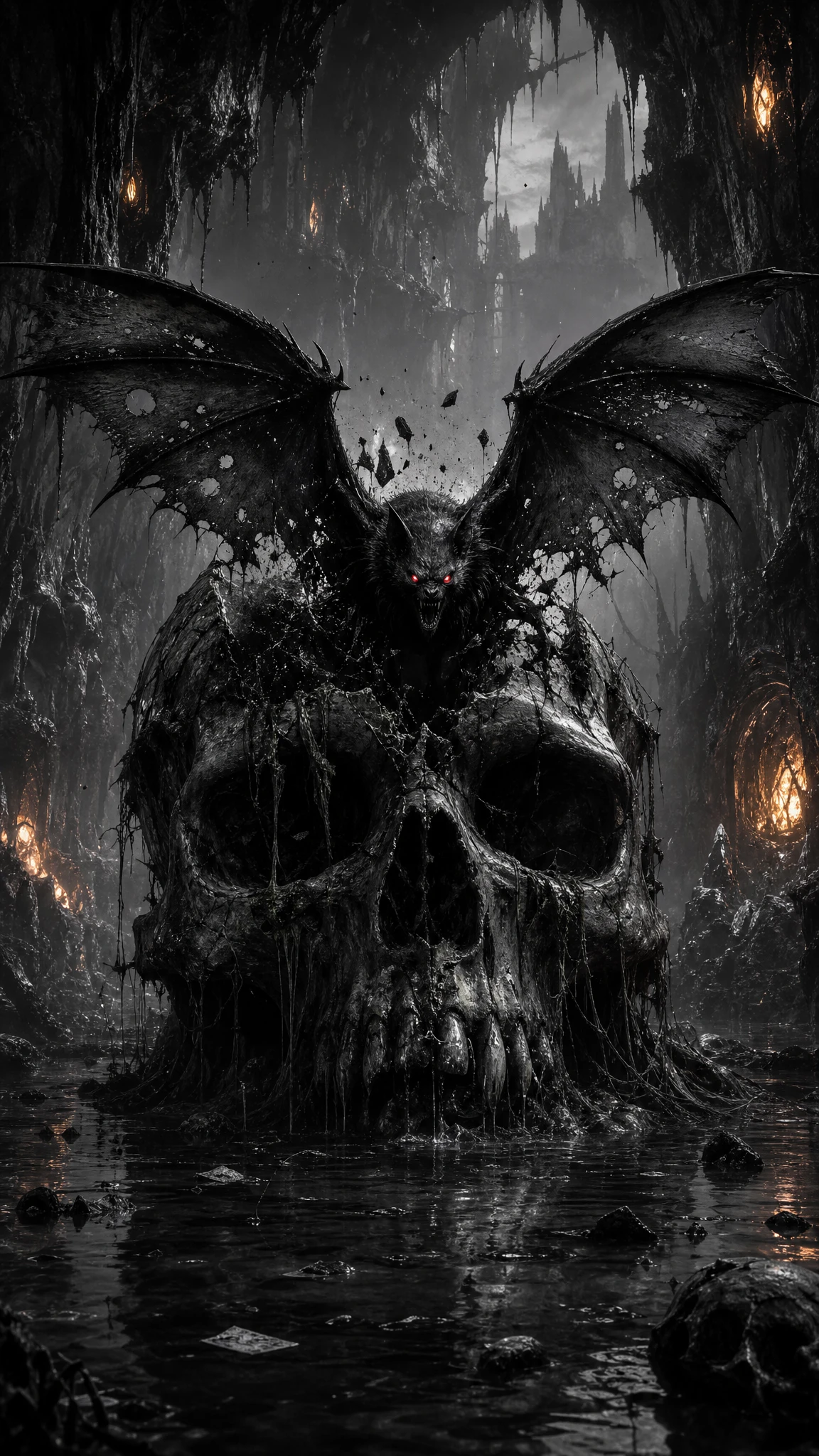 Bat rising from moss covered skull in dark hellscape