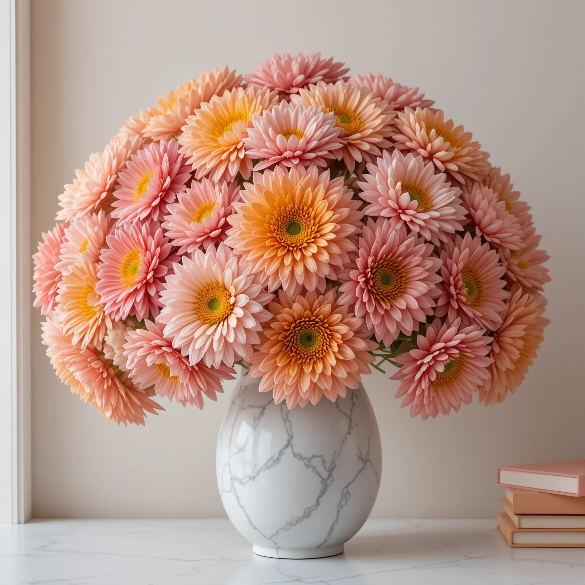 Colorful chrysanthemum bouquet in a white marble vase