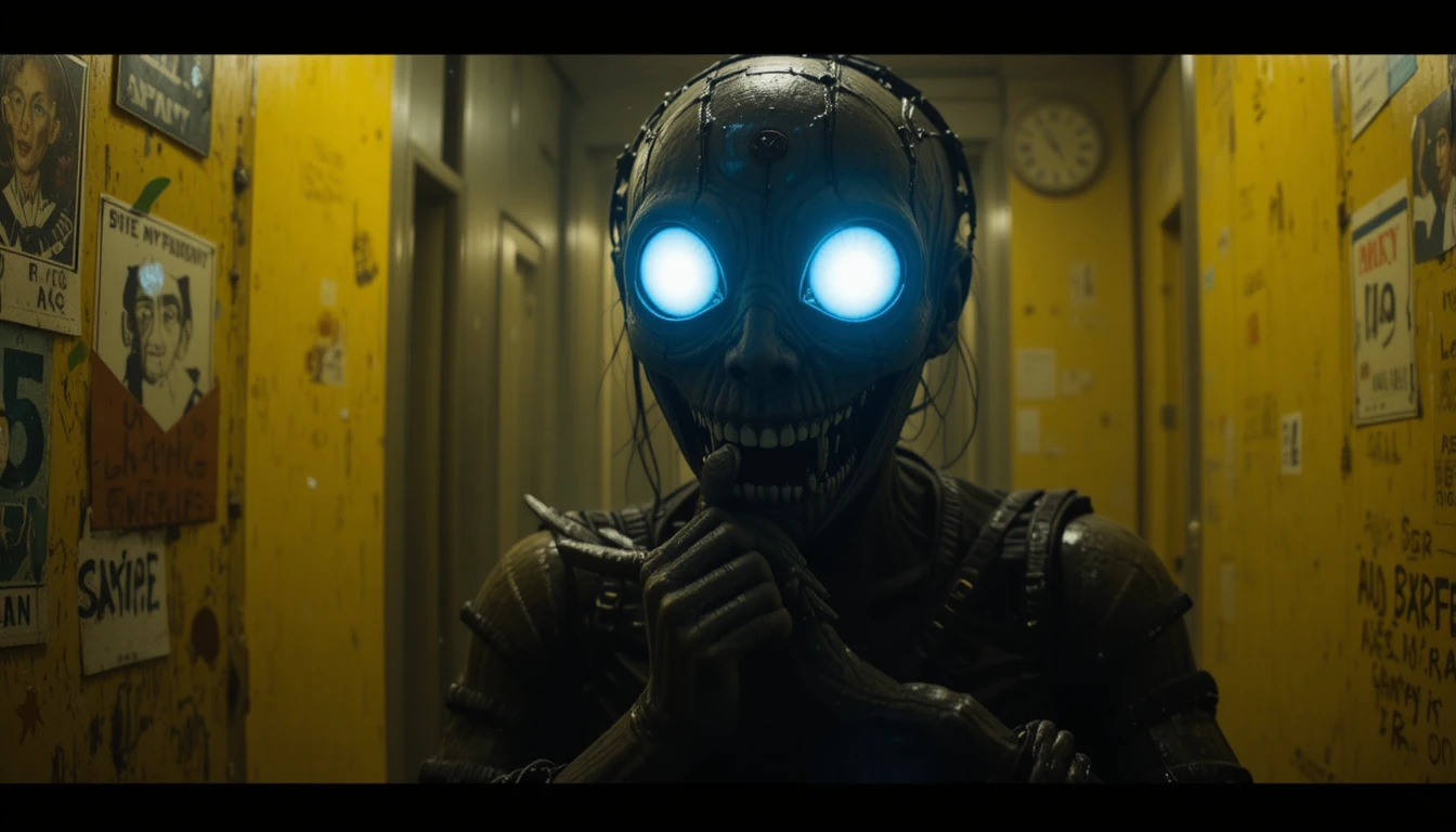 Glowing eyed smiler creature lurking in dark hallway