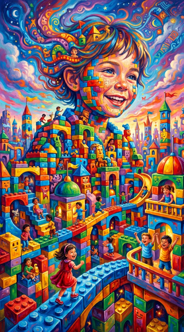 Children Playing In A Fantasy City Of Colorful Blocks