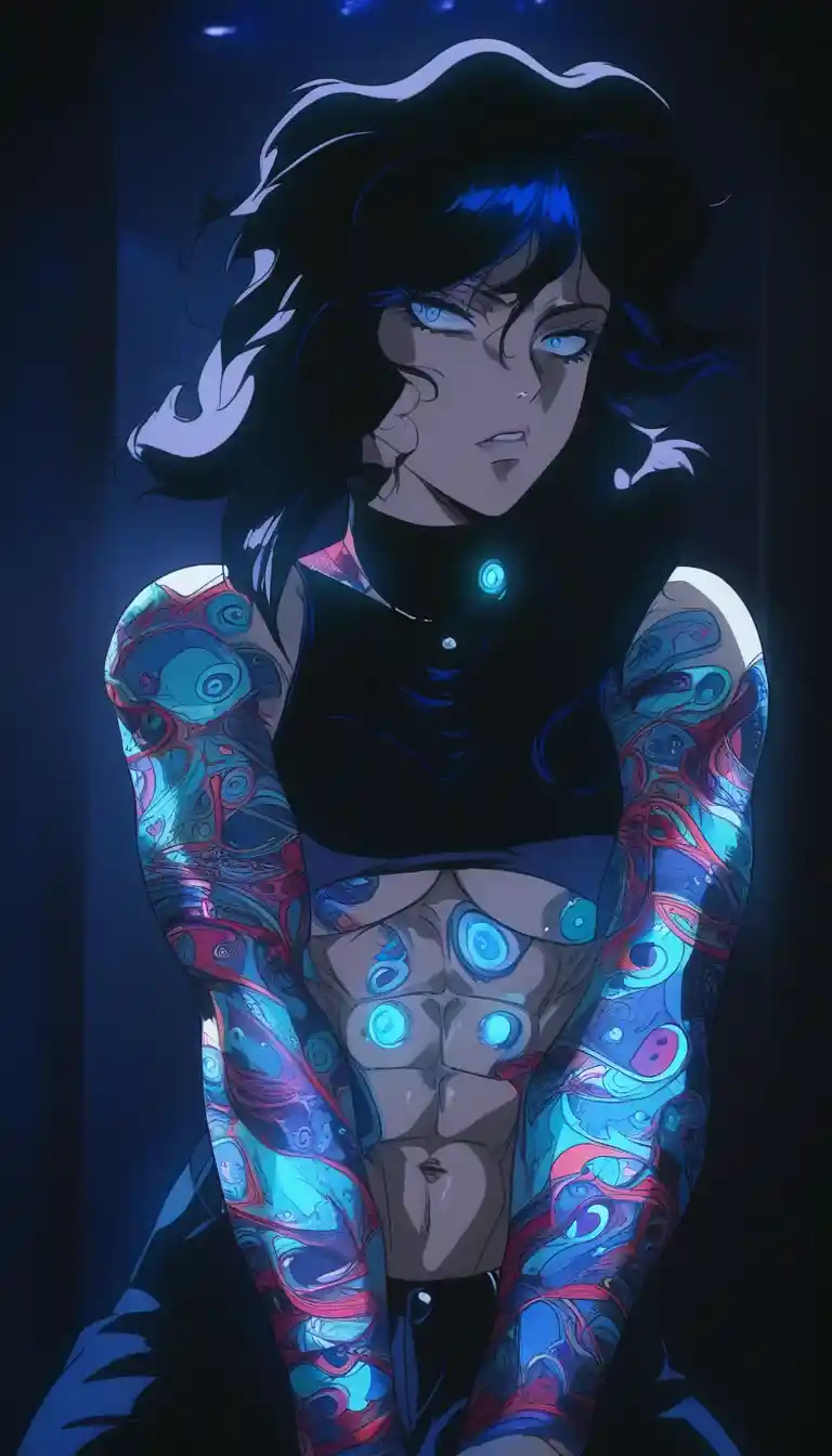 Anime warrior woman with tattoos in neon goth lighting