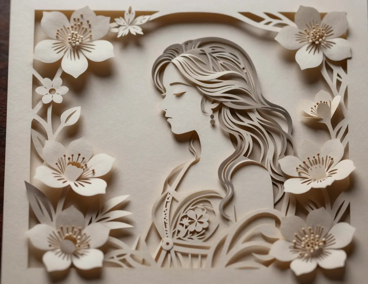 Layered papercut shadow box of a woman with flowers