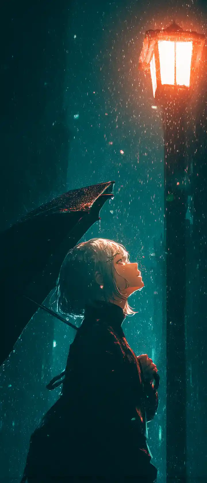 Anime woman under streetlamp in the rain with fading self